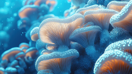 Abstract Blue Mushrooms with Soft Lighting Desktop Wallpaper
