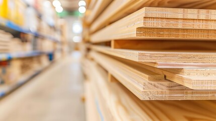 Obraz premium Stacked plywood sheets in warehouse aisle with soft focus background