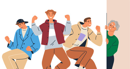 Group of three young people dancing energetically with joy while an older individual watches curiously from the side. Ideal for themes of friendship, celebration, youth, generational differences, and