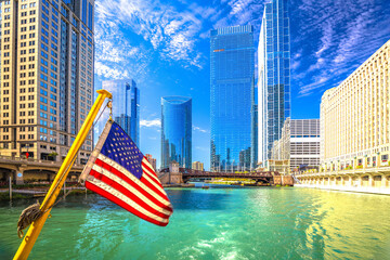 Sailing emerald Chicago river architecture cruise, US flag