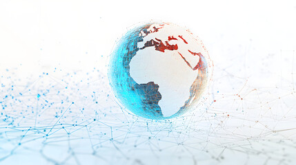 A stylized digital globe with network lines on a white background with abstract square patterns, representing global connectivity