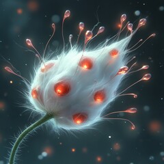 Ethereal glow of a fantastical flower illuminated in a cosmic landscape at twilight