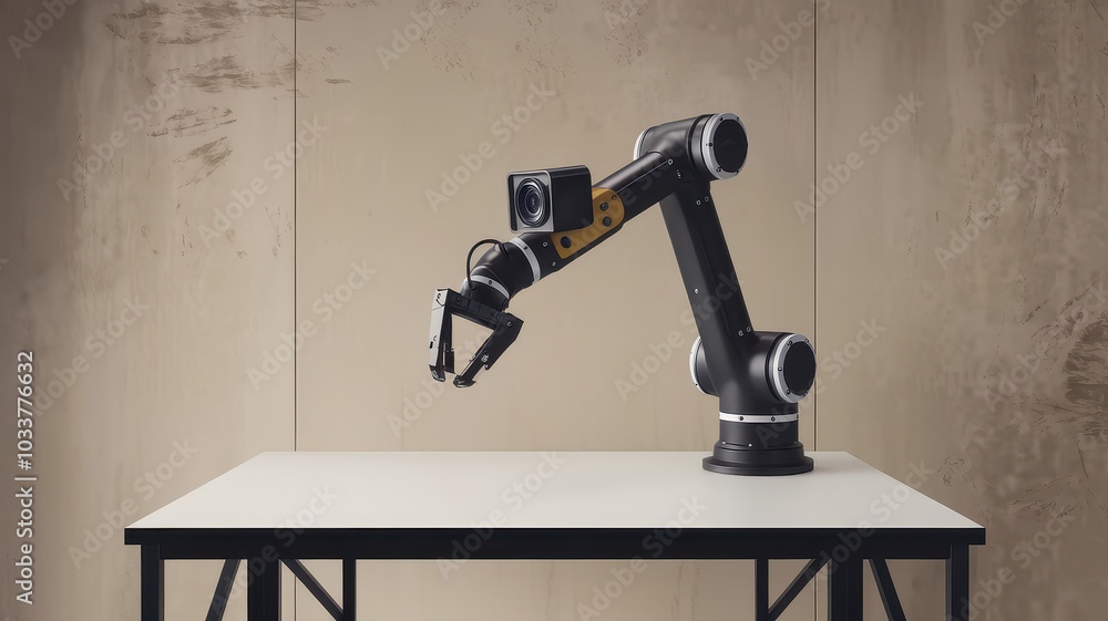 Poster robotic industrial arm on a clean modern workspace setup for automation and precision manufacturing 