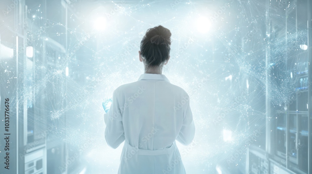 Poster scientist in a white coat working with quantum computers