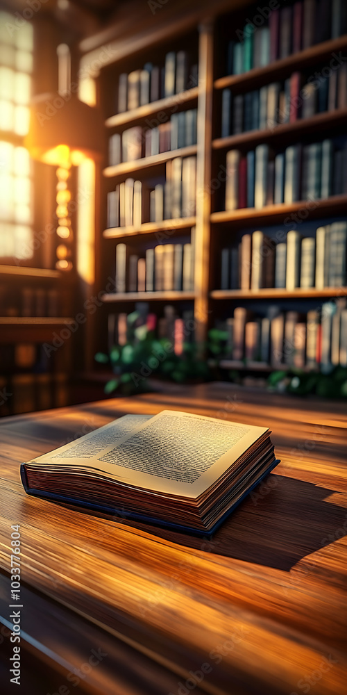 Poster a book is sitting on a wooden table in a library. concept of warmth and comfort, as if the reader is