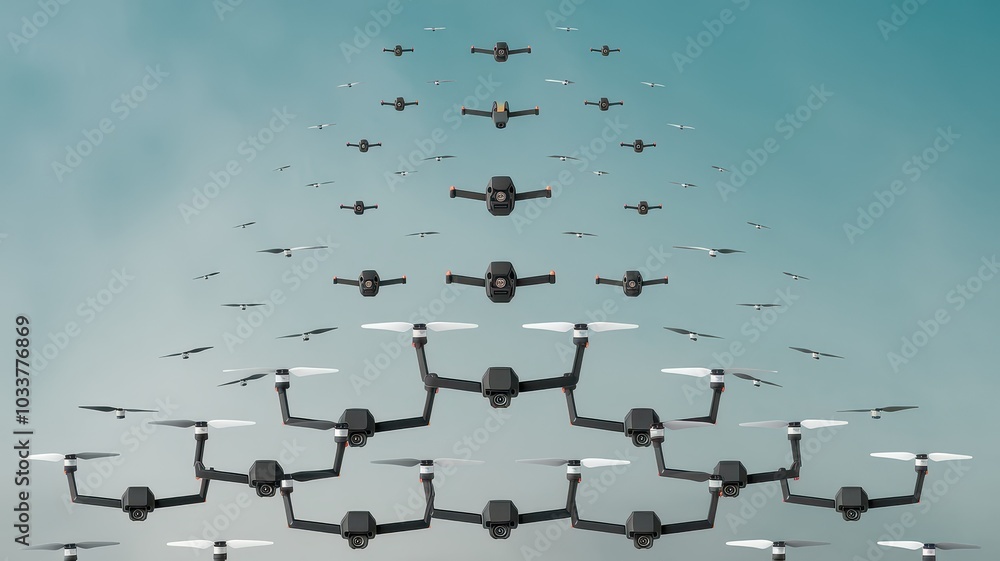 Poster swarm of drones forming complex network pattern in the sky showcasing aerial surveying and surveilla