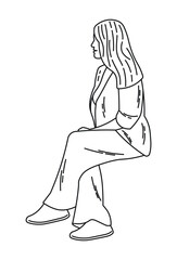 Woman sitting relaxed, talking, listens, silhouette on white background