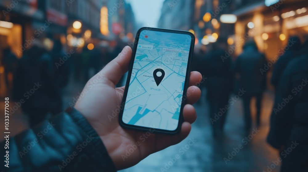 Poster a hand grips a mobile phone showing a location pin on a map while surrounded by a crowd on a lively 