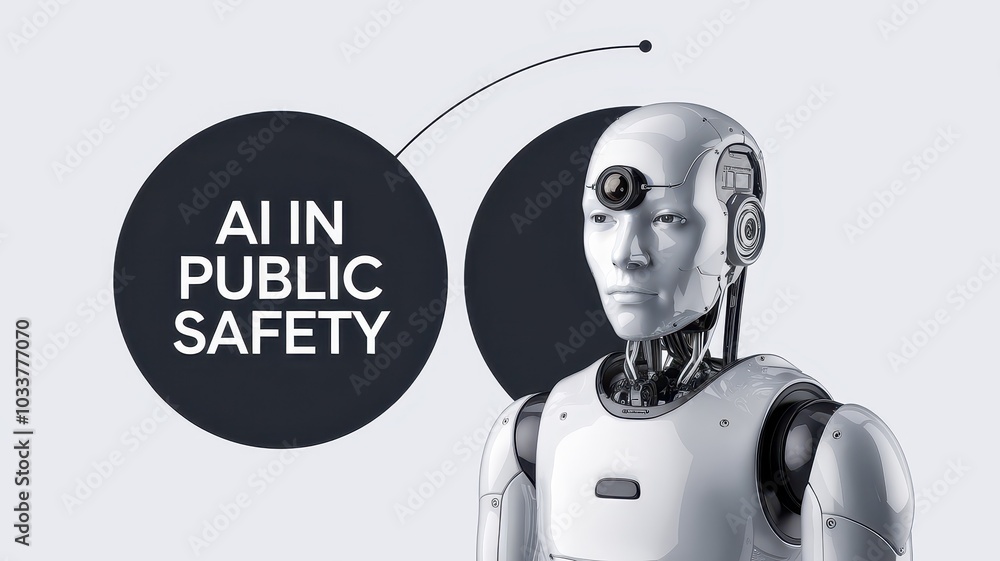 Poster futuristic ai powered robot monitoring and analyzing public safety and security measures with advanc