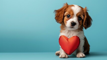 Fototapeta premium A cute puppy holding a red heart on a blue background.