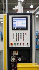 Fototapeta premium Industrial control panel within a factory showcasing rows of buttons gauges and monitors displaying data amidst metallic framing and wires