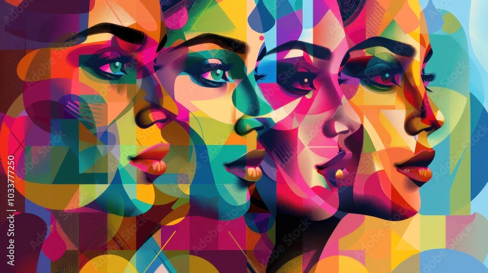 Poster vibrant multi-color abstract portrait of diverse women with geometric patterns and overlapping shape