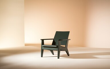 a minimalistic scene featuring a single dark green wooden chair placed in an empty, softly lit room with neutral tones.