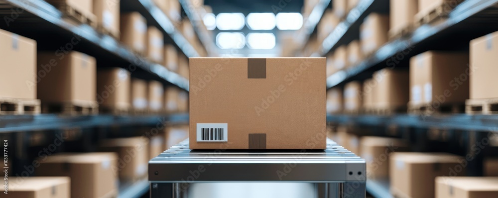 Poster a focused cardboard box sits on a shelf in a spacious warehouse, surrounded by stacked boxes, emphas