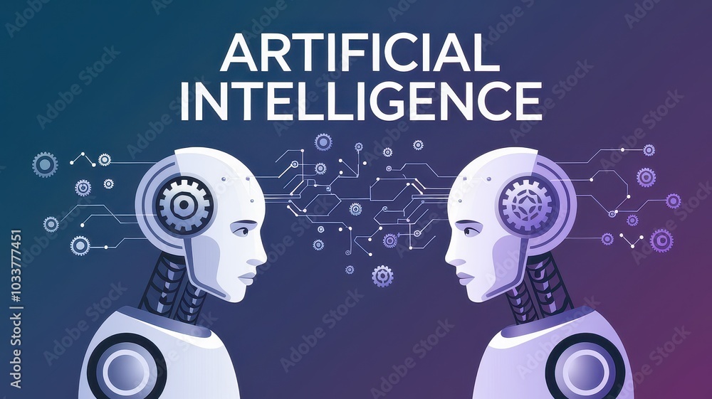 Poster futuristic intelligence concept featuring two robotic heads interacting and exchanging digital infor