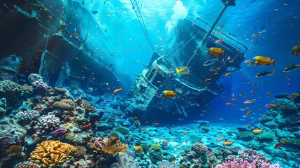A shipwreck covered in coral and surrounded by colorful fish.