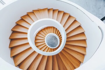 A stunning spiral staircase with wooden steps, creating a modern, elegant architectural centerpiece.