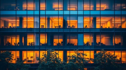 The modern office building facade at night reveals deep blue glass windows with illuminated interiors, featuring geometric patterns and warm light contrasting against the cool exterior.