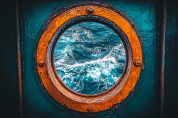 Obraz premium A view of tumultuous ocean waves through a rusted porthole, showcasing vibrant turquoise and deep blue colors.