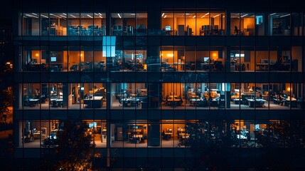 Fototapeta premium The modern office building facade at night reveals deep blue glass windows with illuminated interiors, featuring geometric patterns and warm light contrasting against the cool exterior.