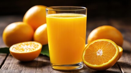 Glass of Orange Juice with Oranges on a Wooden Table