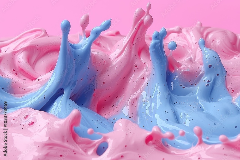 Poster vibrant splash of blue and pink paint creating a dynamic visual effect.