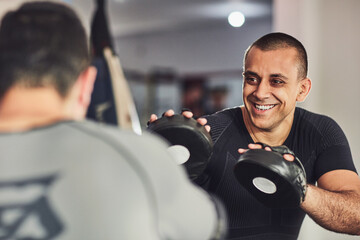 Fight, exercise and people with practice at gym for endurance training, combat and workout together. Health club, trainer and sports with athlete for boxing skill, fitness and self defense challenge