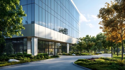 A modern office building with a light blue glass facade and a large display panel is portrayed in a panoramic urban landscape, capturing clean lines and reflective surfaces.