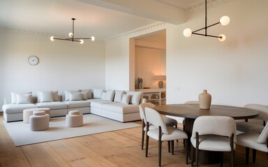 Fototapeta premium a photo of a cozy, modern living room and dining space with a minimalist touch. 