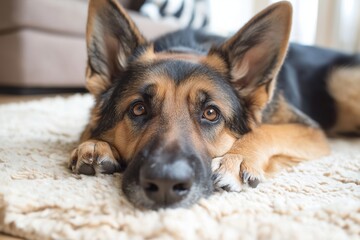 A calm German Shepherd resting on a cozy carpet, exuding loyalty and companionship in a warm home setting.