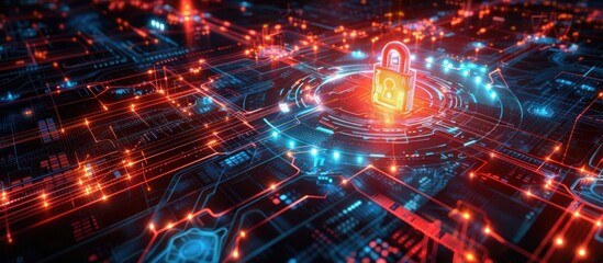 Obraz premium Futuristic digital cybersecurity network with glowing encryption and protection symbols Abstract background with neon lights high tech circuit board design and intelligent data security concept