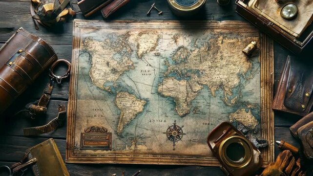 An antique world map lays on a wooden table with a compass and other travel items scattered around it