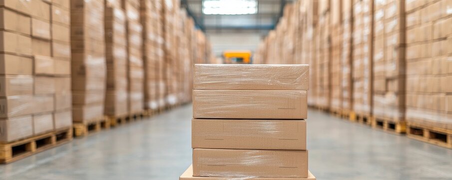 A row of stacked cardboard boxes on pallets fills a spacious warehouse, showcasing organized storage and inventory management.