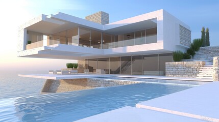 Fototapeta premium A contemporary two-story villa by the shore, highlighting a large terrace and an empty pool space in the front. The villa is made of stone and glass