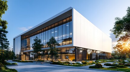 Obraz premium A modern office building with a light blue glass facade and a large display panel is portrayed in a panoramic urban landscape, capturing clean lines and reflective surfaces.