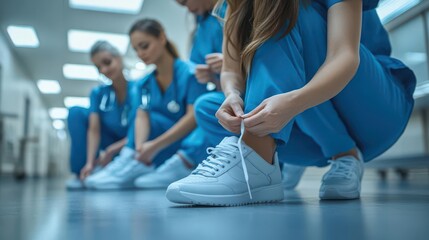 Healthcare professionals tying shoelaces