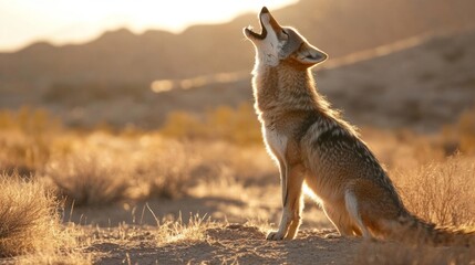 A coyote howls in the distance in the desert in sunny weather