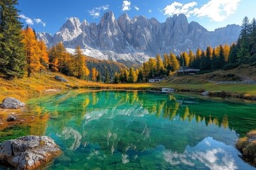 Fototapeta premium A breathtaking view of a serene lake reflecting the autumn colors and majestic mountains, capturing nature's beauty.