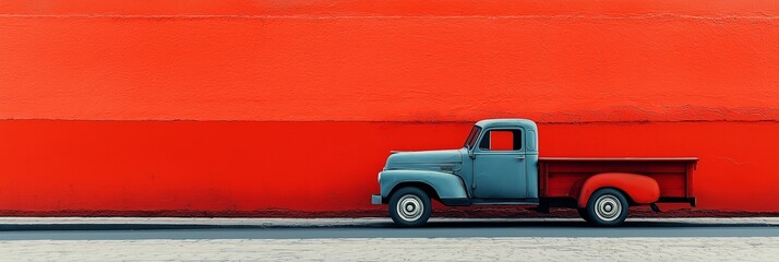 A vintage blue pickup truck parked against a vibrant orange wall, creating a striking contrast.