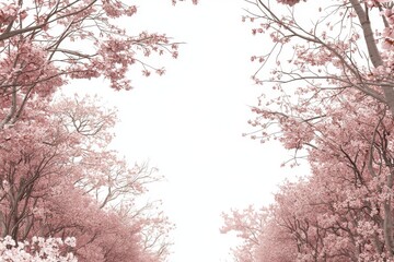 Obraz premium A dreamy pathway framed by soft pink cherry blossom trees in full bloom, creating a tranquil atmosphere.