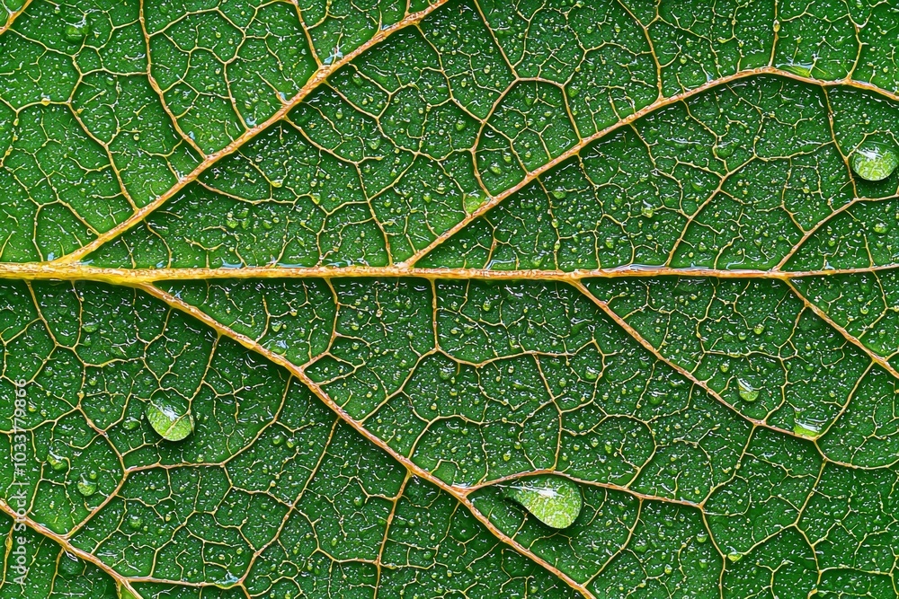 Poster close-up of a vibrant green leaf with water droplets showcasing intricate vein patterns and textures