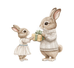 Watercolor vintage Christmas composition with daddy rabbit gives gift box to his daughter animals family in clothes isolated on white background. Hand drawn illustration sketch