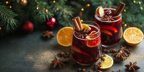 Fresh mulled wine on a wooden table on a backdrop of Christmas lights. Traditional hot Christmas drink served with spices and citrus fruits. Celebrating festive holidays.
