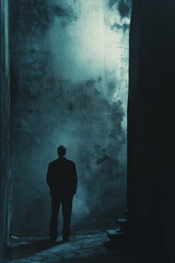 Obraz premium A lone person navigates a dark, atmospheric alley, shrouded in mist and mystery.
