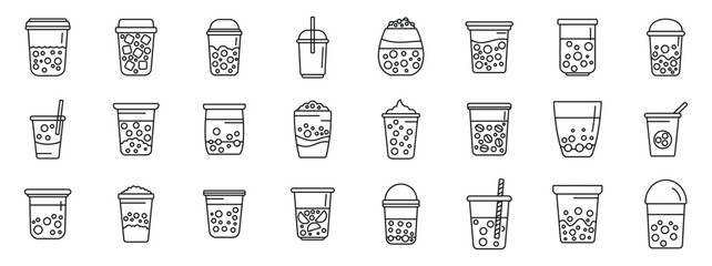 Boba icons set. This large set of bubble tea cups shows a variety of flavors and styles of the popular drink