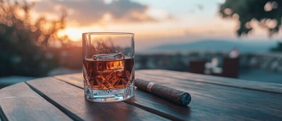 A glass with whiskey and a cigar next to it on a beautiful wooden table with a beautiful background