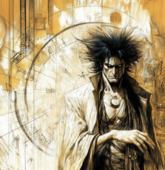 Obraz premium An intense and enigmatic figure with wild hair, wearing a white robe, stands against an abstract golden backdrop, exuding power, mystery, and introspection.