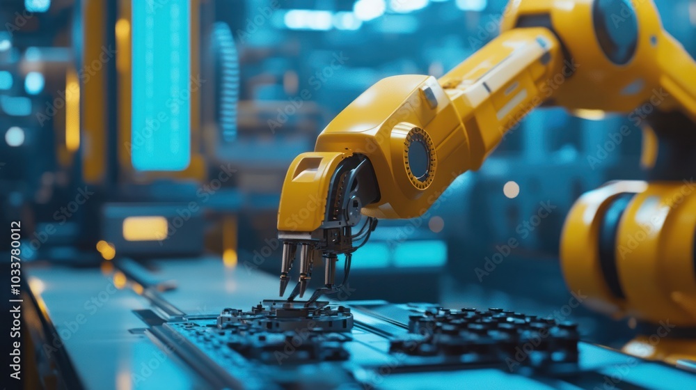 Poster yellow robotic arm performing tasks in a high-tech factory setting,