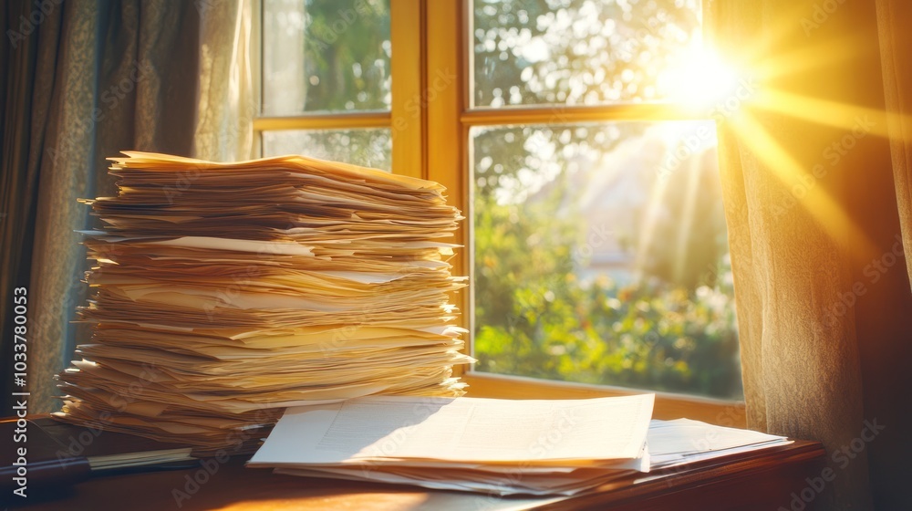 Poster a stack of papers on a desk in front of a window with sunlight streaming through