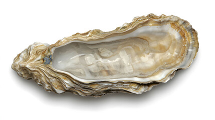 Top View of a Long Oyster on White Background, showcasing intricate shell patterns and textures, emphasizing natural beauty and marine essence